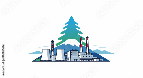 A colorful illustration of a power plant nestled amongst mountains and trees