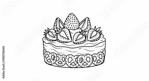 A line drawing of a tiered cake decorated with sliced strawberries and pretzels