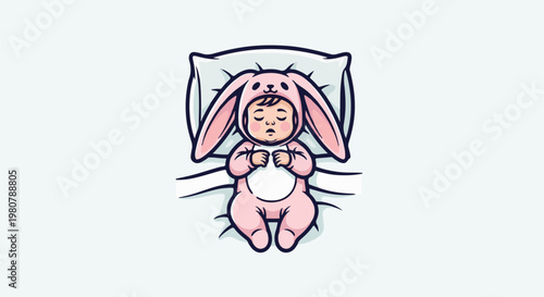 A cute baby sleeps soundly in a pink bunny outfit on a pillow