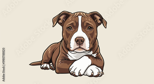 A cute, brown and white puppy lies down with its paws crossed