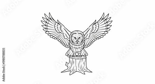 A detailed black and white drawing of an owl perched on a tree stump