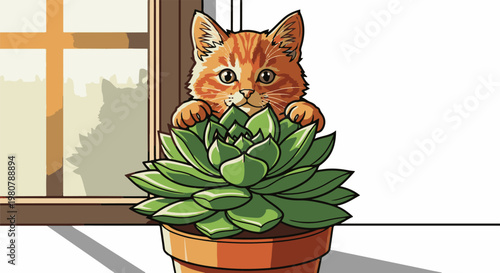 A curious orange tabby kitten peeks over a potted succulent plant