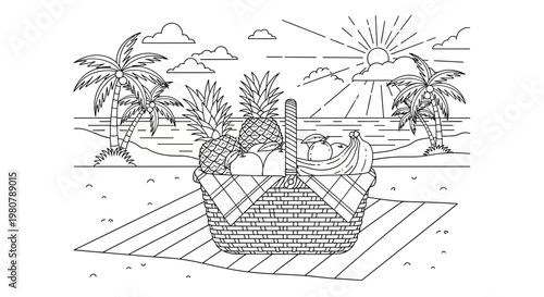 Picnic basket with food and drinks.