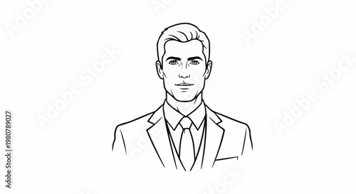 A line drawing portrait of a man in a suit and tie, facing forward