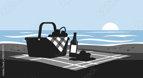 Picnic basket with wine and cheese.