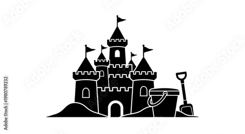 Sandcastle with towers and flags.