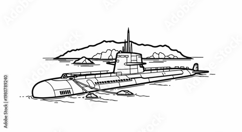 A detailed black and white illustration of a submarine floating on water with mountains in the background