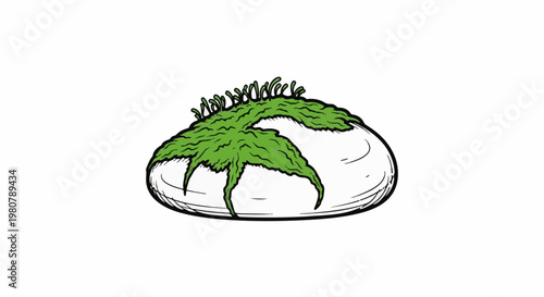 A hand-drawn illustration of a ripe white eggplant with green leaves