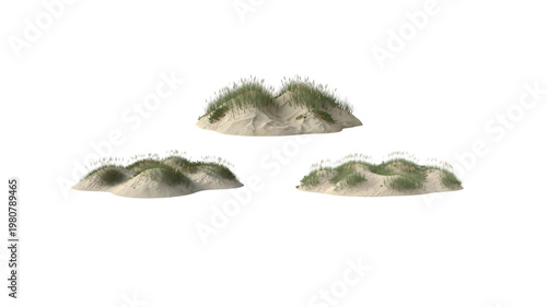Sand dunes with grass isolated on transparent background, coastal landscape.