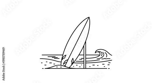 Surfboard standing on sandy beach shore.