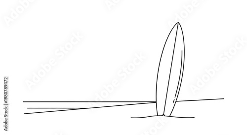 Surfboard standing on sandy beach.