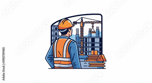 A construction worker in an orange helmet and vest surveys a building site