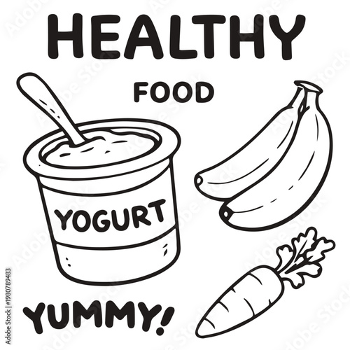 Healthy food doodle illustration with yogurt banana carrot and nutritious breakfast

