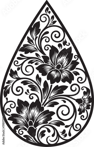 Black floral teardrop design, ornate leaf and flower pattern, elegant swirling motifs, decorative vector shape