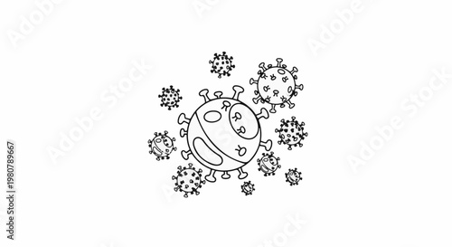 A hand-drawn illustration of several virus particles in various sizes