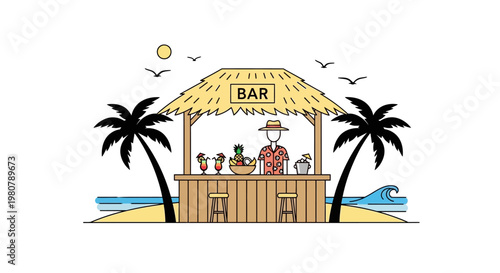 Tiki Bar With Bartender Serving Drinks.