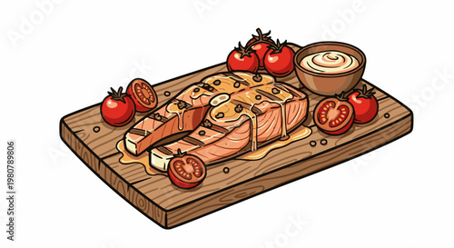 A cooked salmon steak drizzled with sauce sits on a wooden board with tomatoes
