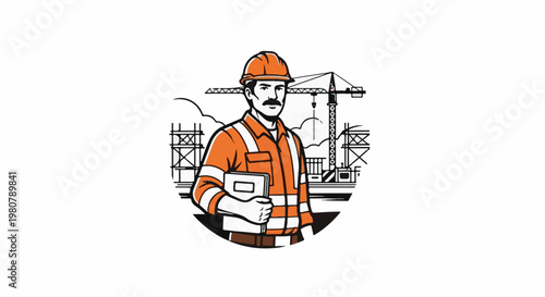 A construction worker in an orange vest and hard hat stands in front of a building site