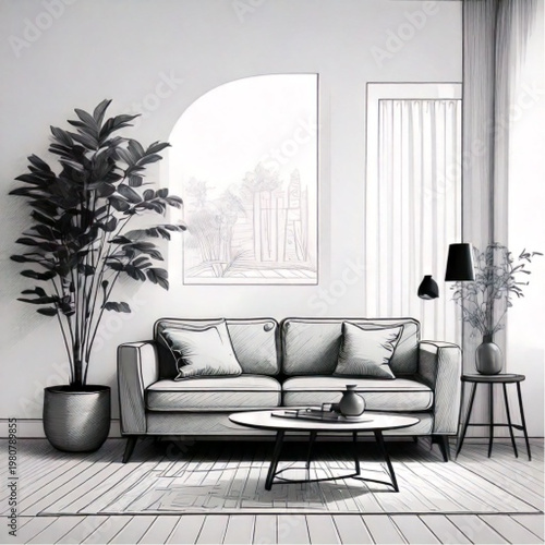 Modern Living Room Interior Design with Sofa and Plant.