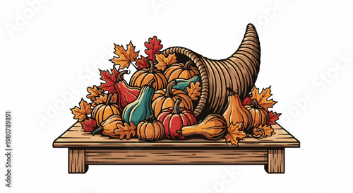 A cornucopia overflowing with pumpkins, gourds, and autumn leaves