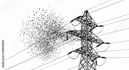 A flock of birds scatters around a tall metal power line pylon against sky