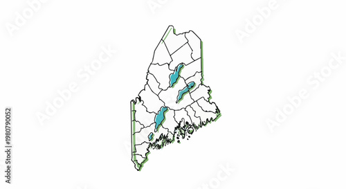 A hand-drawn map of Maine shows counties, lakes, and coastline