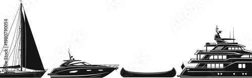 Boat silhouettes collection featuring sailboat speedboat canoe and luxury yacht isolated on white background for marine transport and travel design