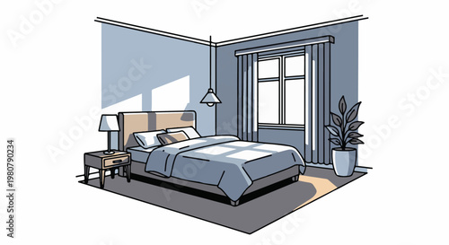A cozy bedroom scene with a made bed, nightstand, lamp, window, and plant