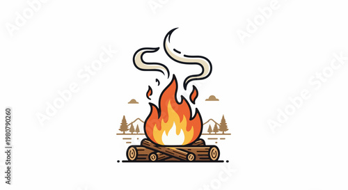 A cozy campfire with smoke rising, surrounded by trees and mountains