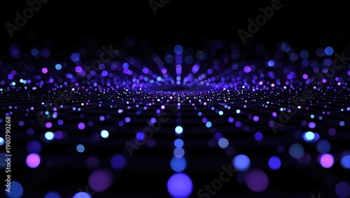 A grid of light forms a digital perspective. The bokeh effect emphasizes the depth of field with purples, blues, and dark hues