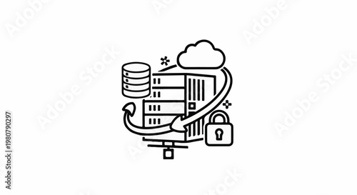 A cloud network icon with servers, a padlock, and stacked disks
