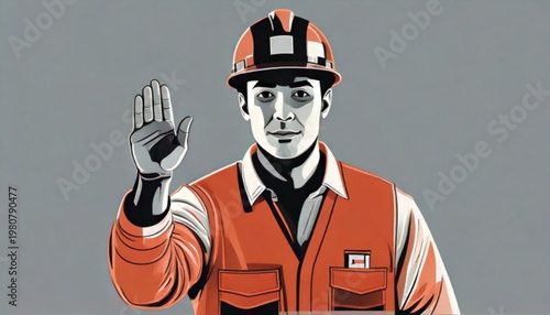 Construction worker in hard hat and orange vest raising hand.