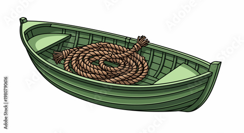 A green rowboat with a coiled rope inside, isolated on white
