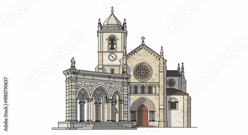 A detailed illustration of an ornate stone church with a bell tower and cloister