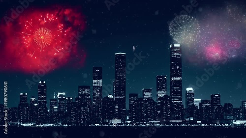 Seattle Night Skyline with Fireworks Display