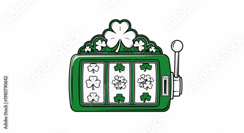 A green slot machine with shamrock symbols and a pull lever