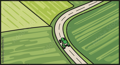 A green tractor drives along a curved road through green agricultural fields