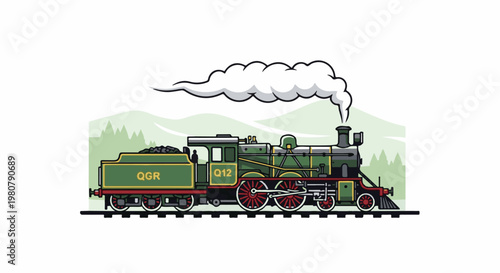 A green vintage steam train with coal and smoke billowing