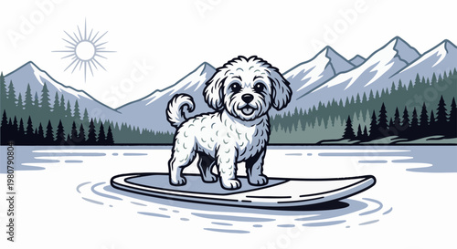 A fluffy white dog stands on a surfboard in a calm lake with mountains