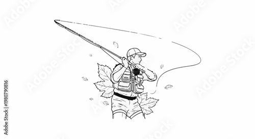 A fly fisherman casting a line surrounded by autumn leaves