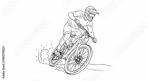 A detailed line drawing depicts a person in full cycling gear on a mountain bike, leaning into a turn