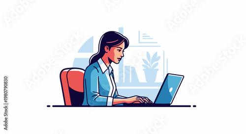 A focused person works diligently on a laptop in a minimalist office setting