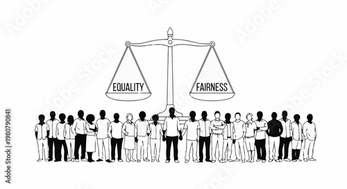 A group of diverse people stand beneath a scale with "Equality" on one side and "Fairness" on the other