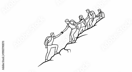 A group of hikers ascend a rocky incline, with each person helping the one behind them