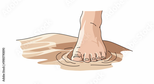 A foot sinks into soft, sandy ground, creating ripples