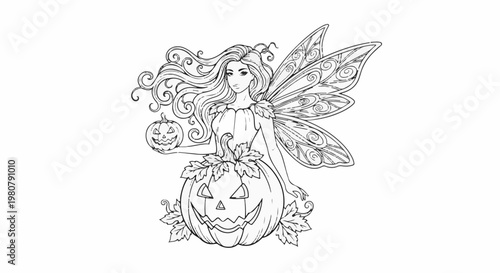 A Halloween fairy with ornate wings holds a carved pumpkin