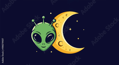 A friendly green alien peeks from behind a crescent moon in a starry night sky
