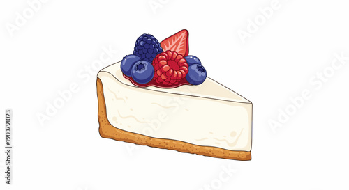 A creamy cheesecake slice with berries on top, on a crisp crust