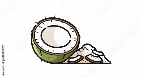 A halved coconut with a pile of shredded coconut pieces beside it