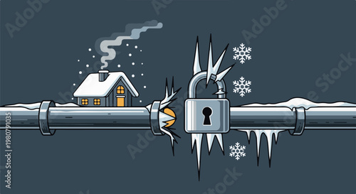A frozen pipe connects a snow-covered house to a locked padlock